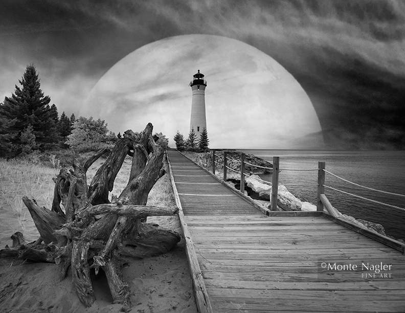 Crisp Point Lighthouse & Moon, Whitefish Point, Michigan ’17-IR