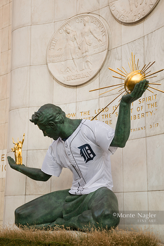 Detroit Lions' jersey on the Spirit of Detroit statue